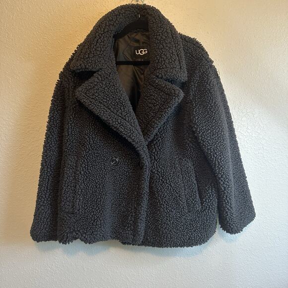 UGG Gertrude Short Teddy Coat Size Large Fleece Jacket Gray Cozy Winter Heavy - Picture 1 of 9
